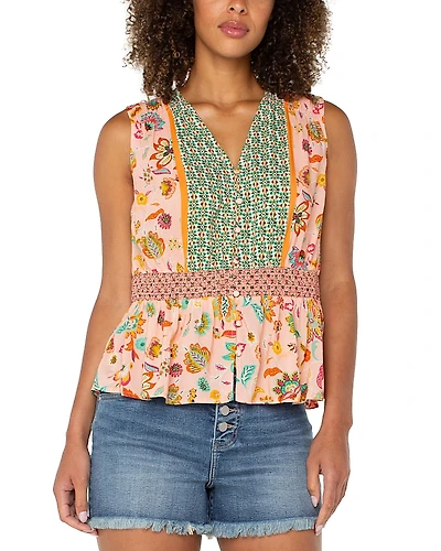 Liverpool Los Angeles Printed Smocked Waist V Neck Top