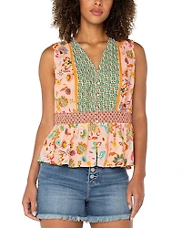 Liverpool Los Angeles Printed Smocked Waist V Neck Top