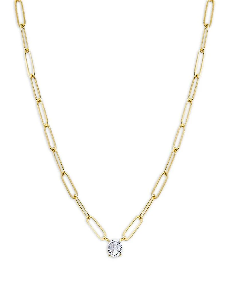 Cubic Zirconia Solitaire Four Prong Paperclip Necklace, 16"-18"
