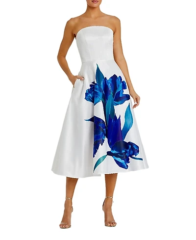 Mac Duggal Strapless Satin Midi Dress with Flower Print