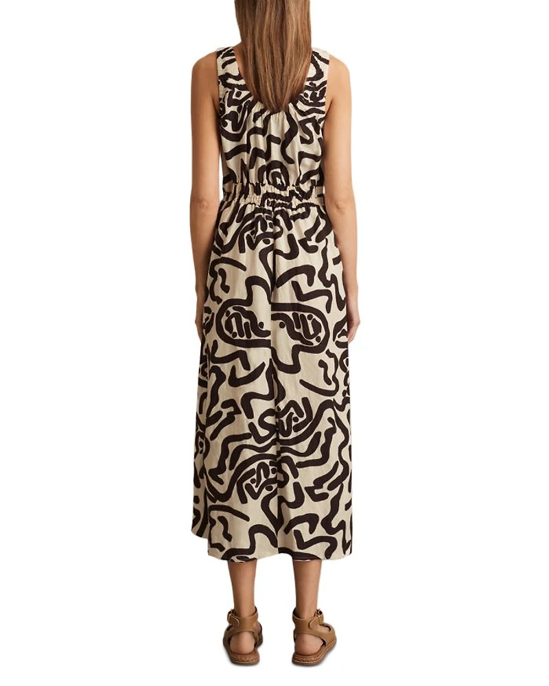 Akari Ruched Mono Print Midi Dress