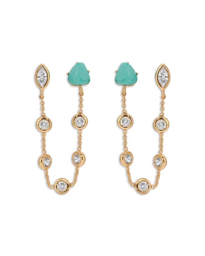 Turquoise & Cubic Zirconia Chain Connected Double Stud Earrings