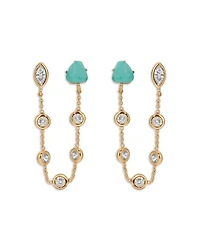 Turquoise & Cubic Zirconia Chain Connected Double Stud Earrings