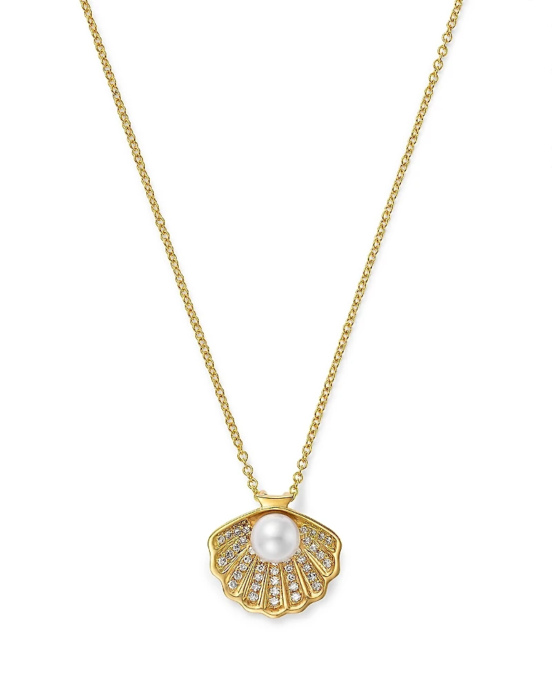 Bloomingdale's Fine Collection Akoya Pearl & Diamond Shell Pendant Necklace