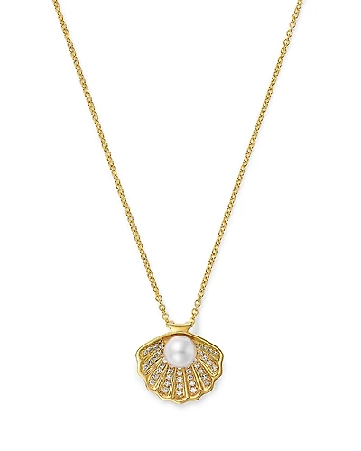 Bloomingdale's Fine Collection Akoya Pearl & Diamond Shell Pendant Necklace