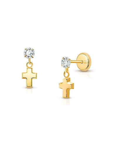 Tiny Blessings Children's 14K Gold Dangling Simple Cross Drop Girls' Screw Back Earrings