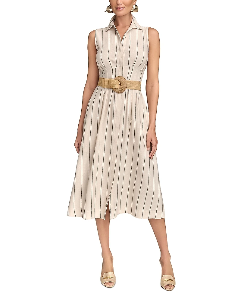 Donna Karan Linen Blend Belted A Line Dress