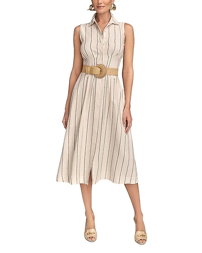 Donna Karan Linen Blend Belted A Line Dress