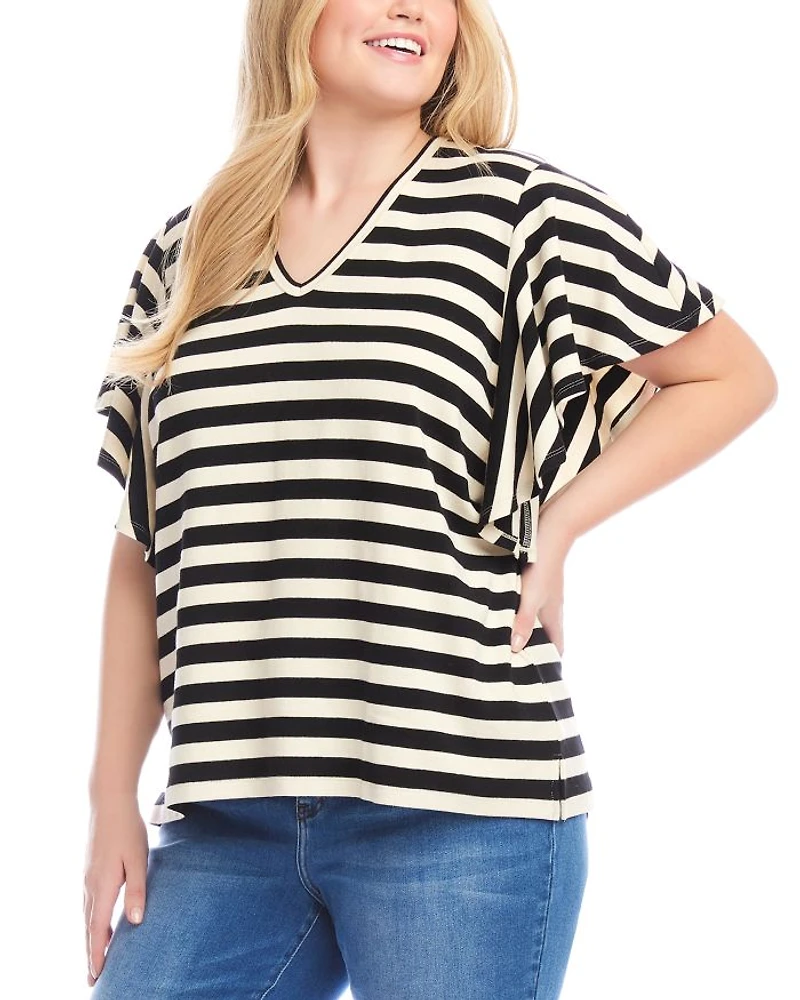 Plus Striped Flutter Sleeve V Neck Top