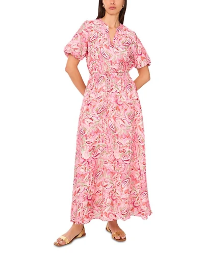 Printed Split Neck Puff Sleeve Dress