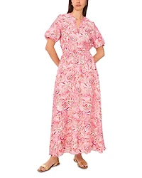 Printed Split Neck Puff Sleeve Dress
