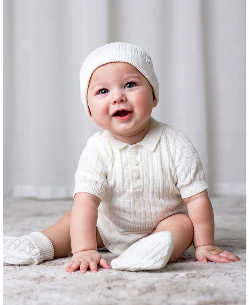 Unisex 4 Piece Cable Shortie Romper, Beanie, & Bootie Boxed Gift Set - Baby