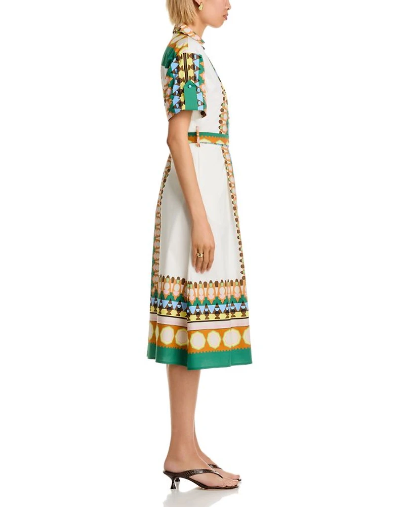Printed Elbow Sleeve Tie Waist Dress
