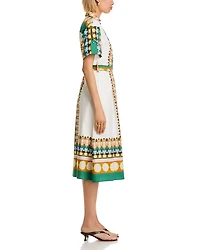 Printed Elbow Sleeve Tie Waist Dress