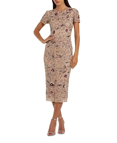 Mac Duggal Romantic Floral Embellished Mesh Midi Dress