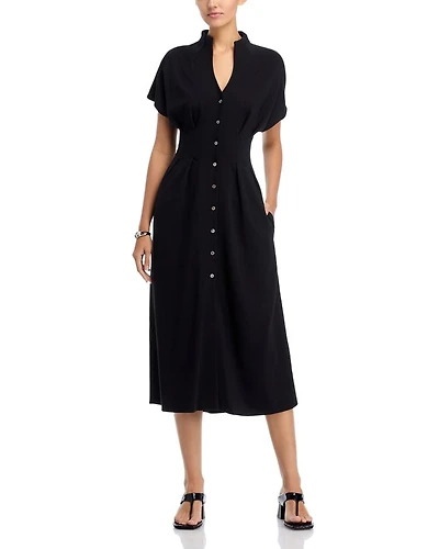 Mock Neck Button Front Midi Dress