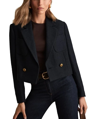 Mia Cropped Double Breasted Textured Blazer Navy