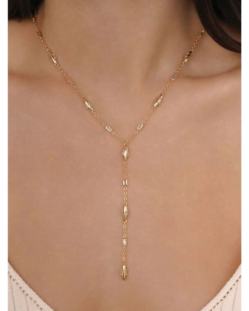 Baguette Crystal Oval Dome Lariat Necklace, 14.5"-19.5"