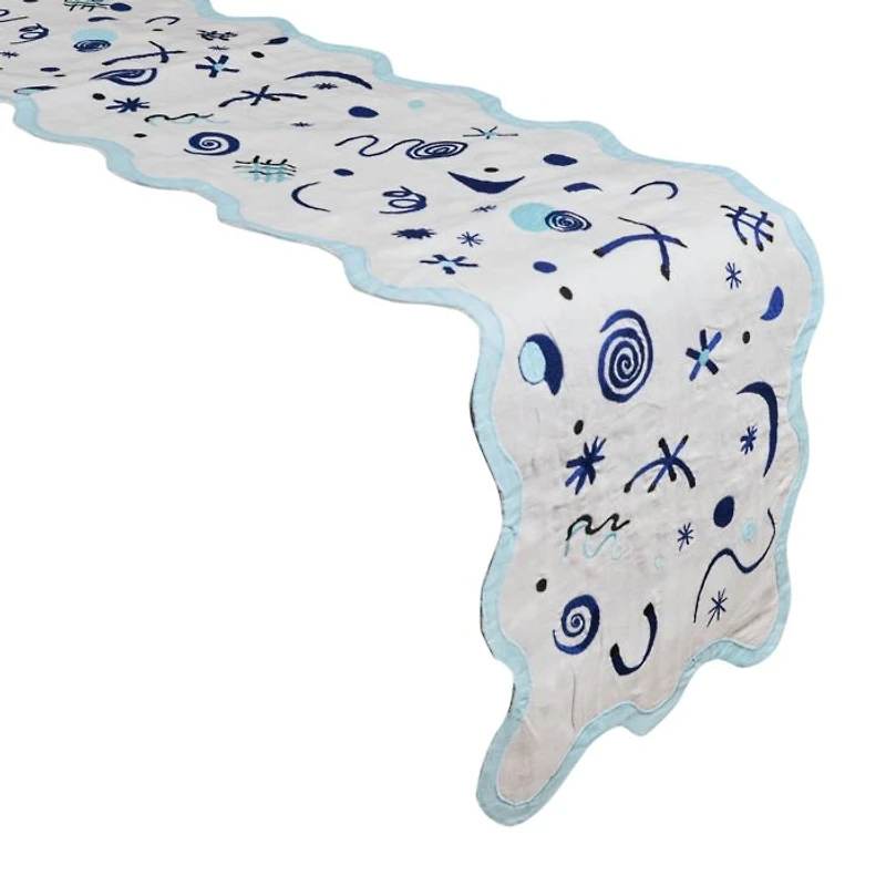 Celestial Linen Embroidered Runner in Blue