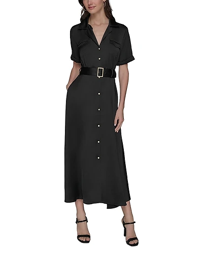 Karl Lagerfeld Paris Satin Belted Midi Shirtdress