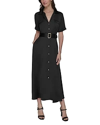 Karl Lagerfeld Paris Satin Belted Midi Shirtdress