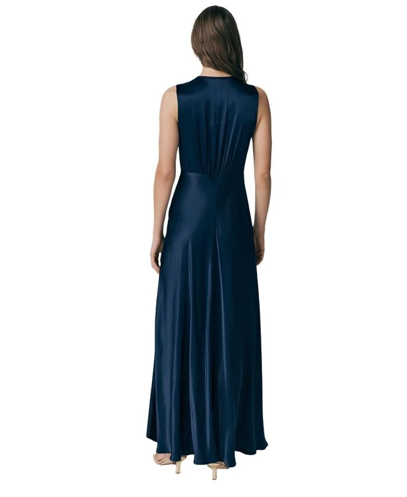 River V Neck Button Satin Maxi Dress