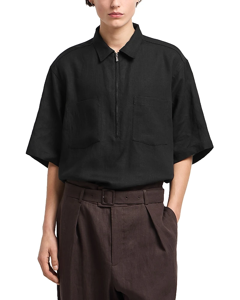 Emporio Armani Regular Fit Zip Linen Polo Shirt