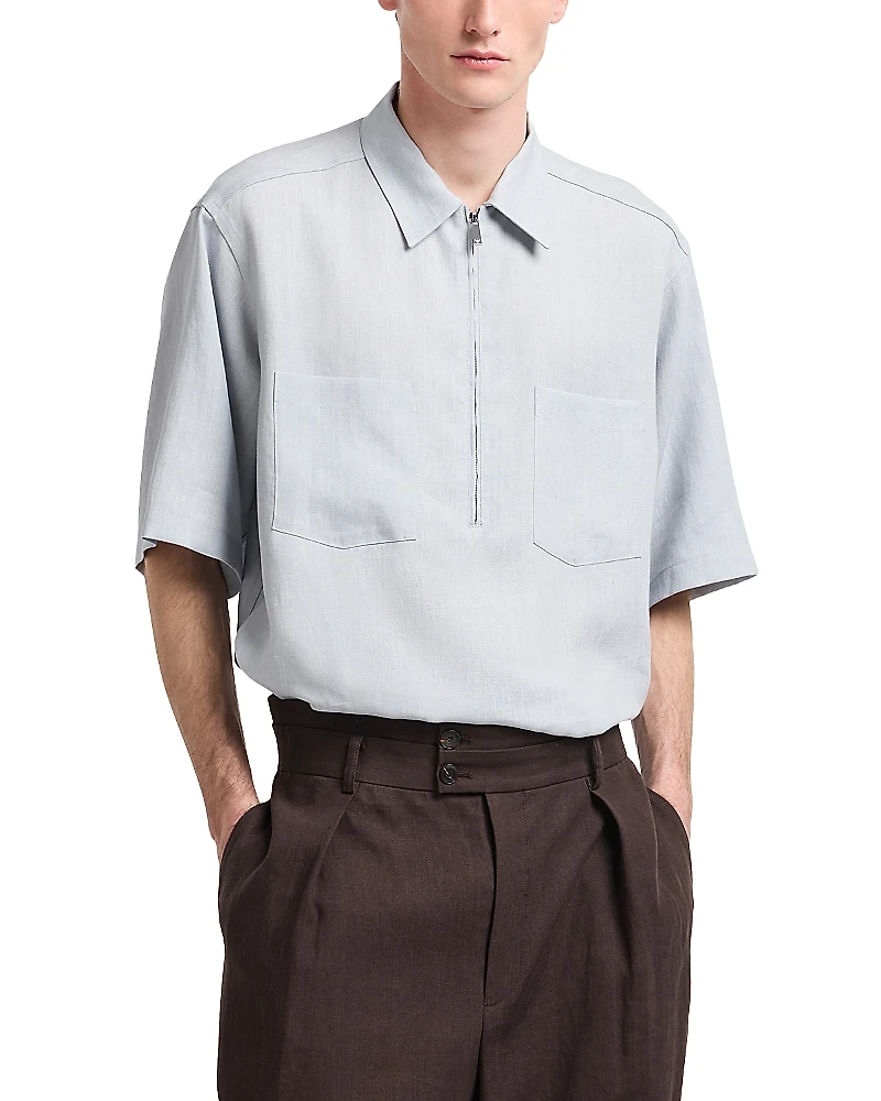 Emporio Armani Regular Fit Short Sleeve Zip Linen Shirt