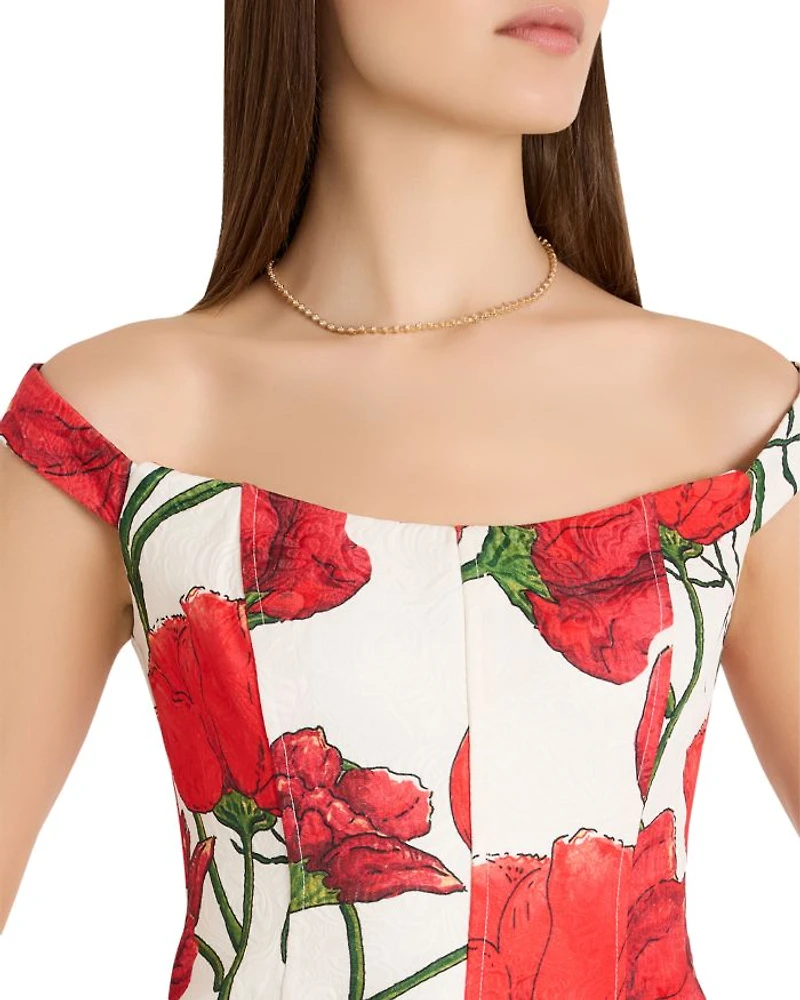 Red Peony Jacquard Mini Dress