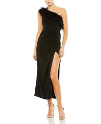 Asymmetric Draped Evening Dress with Feather Detail