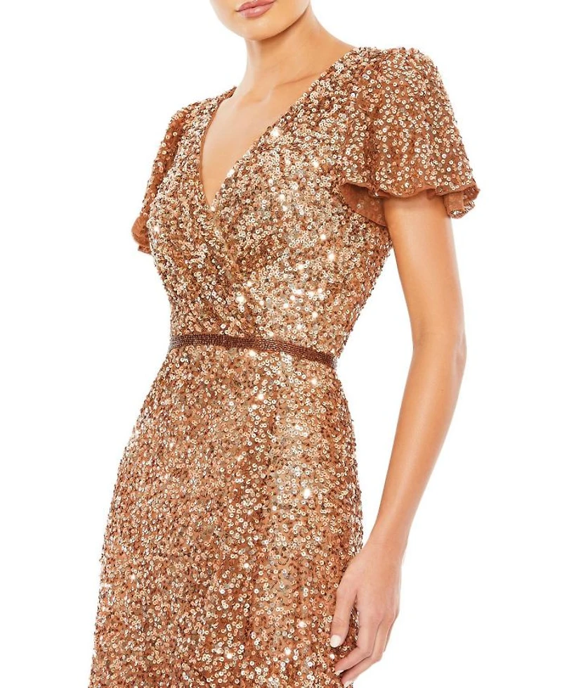 Sequined Wrap Over Butterfly Sleeve Draped Gown