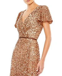 Sequined Wrap Over Butterfly Sleeve Draped Gown