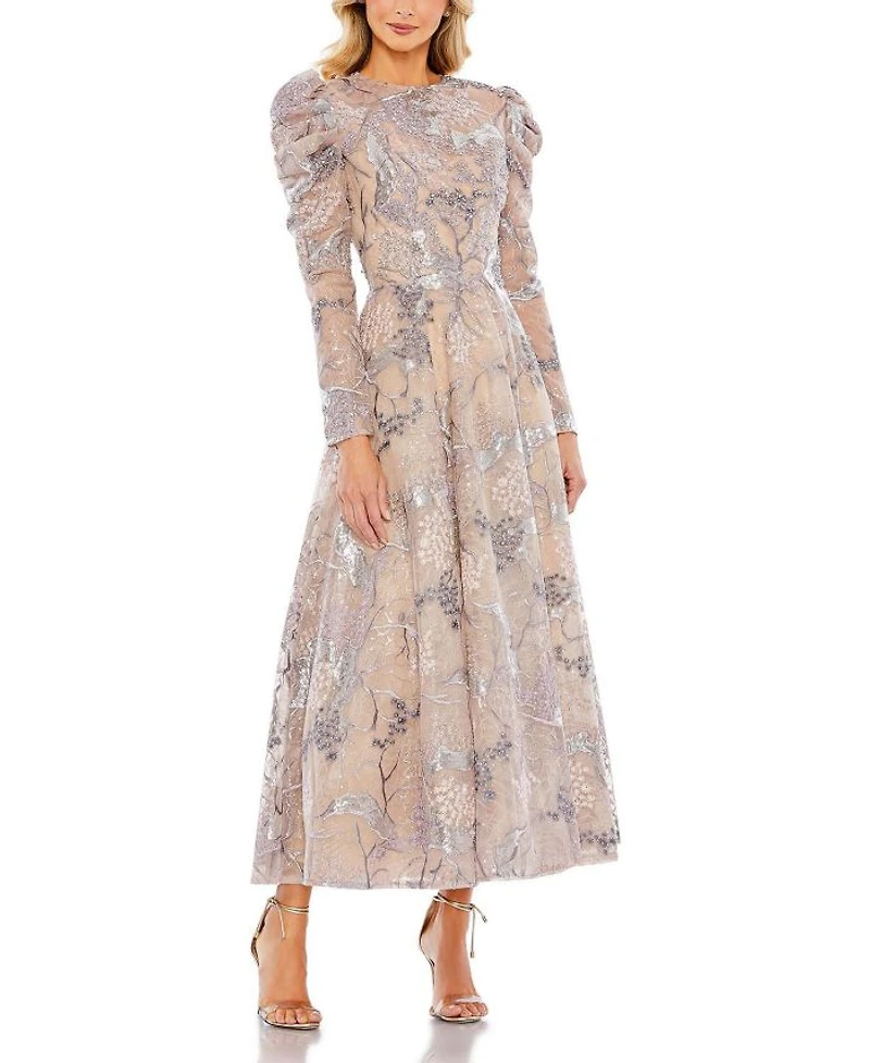 Embellished High Neck Puff Sleeve A-Line Dress