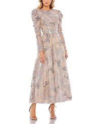 Embellished High Neck Puff Sleeve A-Line Dress