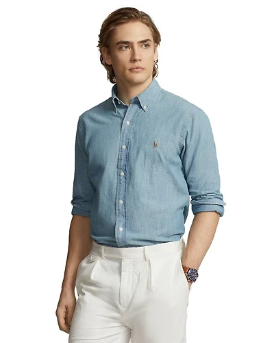 Classic Fit Long Sleeve Chambray Cotton Button Down Shirt