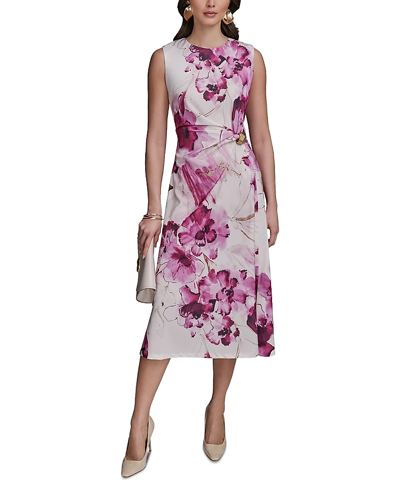 Donna Karan Floral Satin Gathered Waist Dress