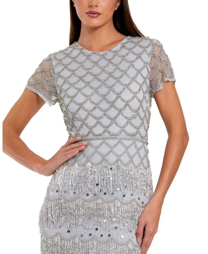 Fringe Embellished Mesh Short Sleeve Ankle Dress