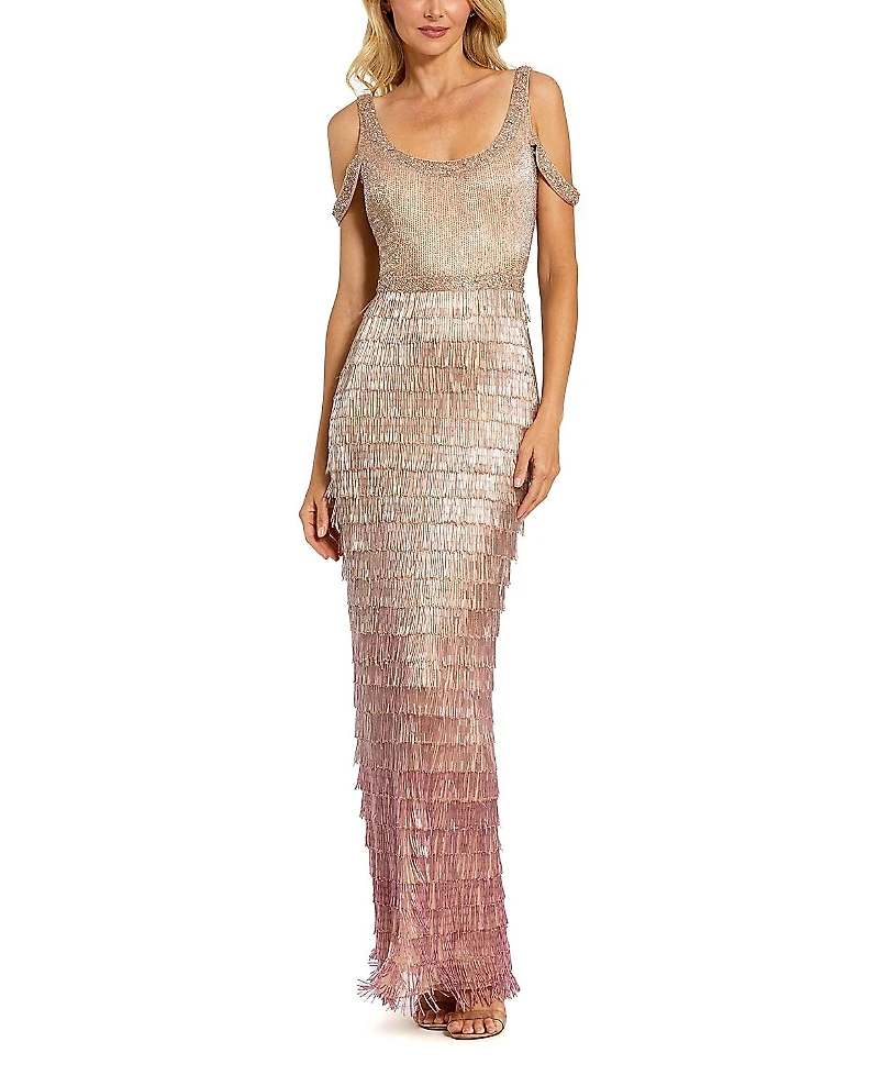 Mac Duggal Scoop Neck Embellished Fringe Gown