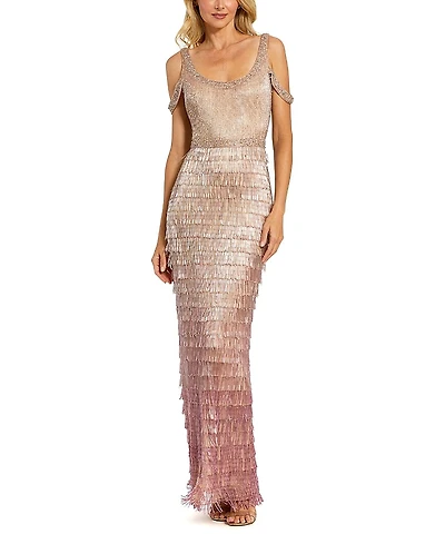 Mac Duggal Scoop Neck Embellished Fringe Gown