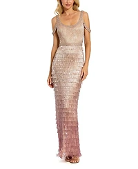 Mac Duggal Scoop Neck Embellished Fringe Gown