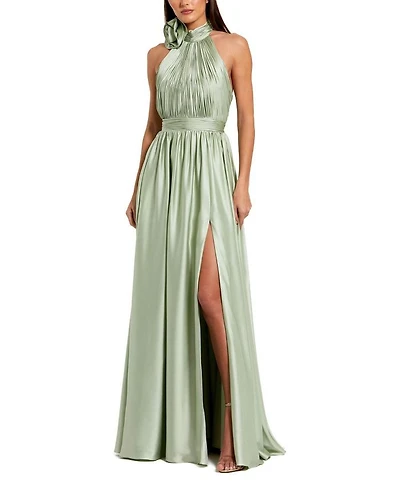 Soft Tie Halter Neck High Slit Gown