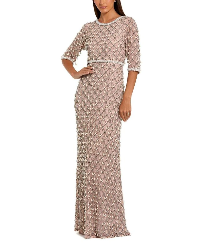 3/4 Sleeve Pearl Embellished Mesh Gown