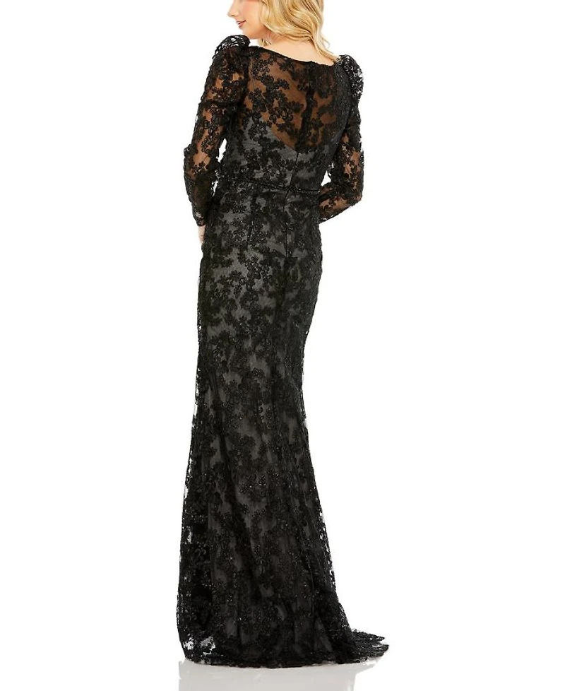 Embroidered Lace Wrap Over Puff Sleeves Gown