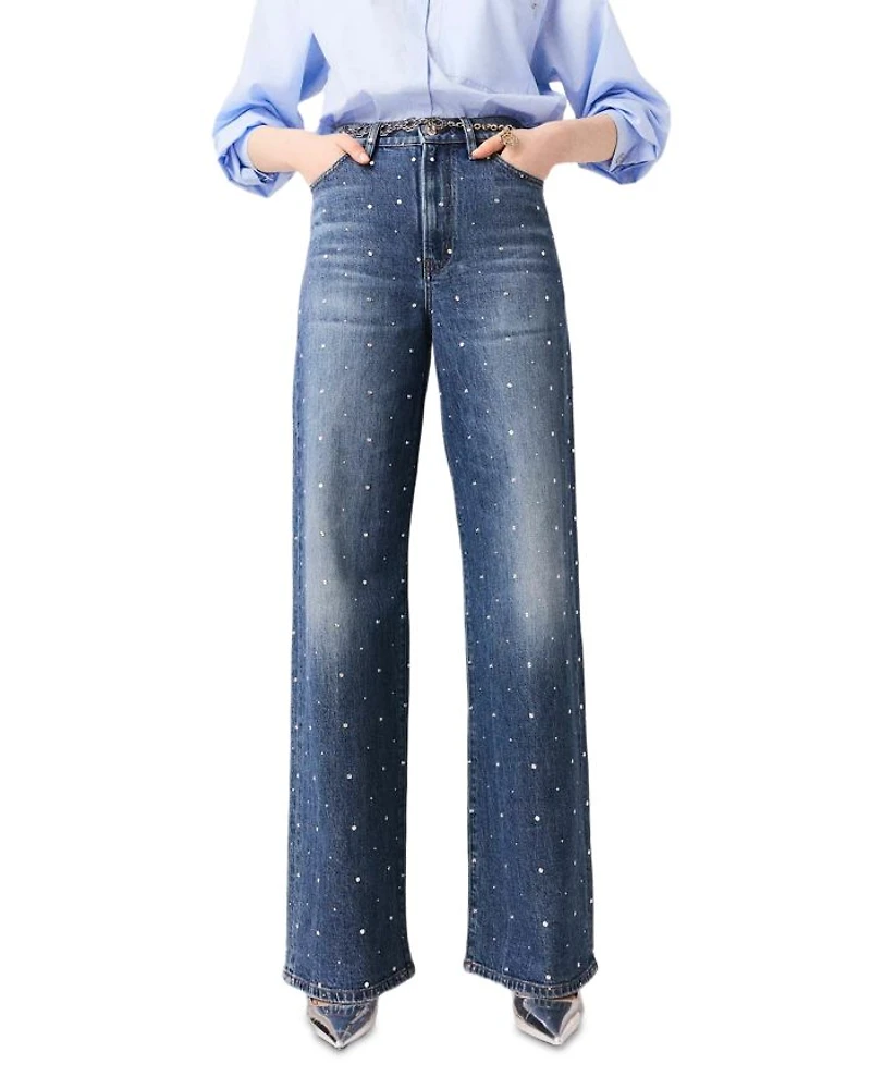 Studded High Rise Wide Leg Jeans Blue
