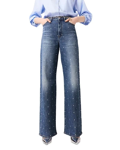 Studded High Rise Wide Leg Jeans Blue