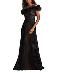 Tadashi Shoji Margaux Off-Shoulder Floral Ruffle Trim Gown