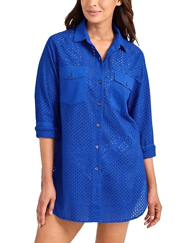 Eyelet Boyfriend Shirt Swim Cover-Up