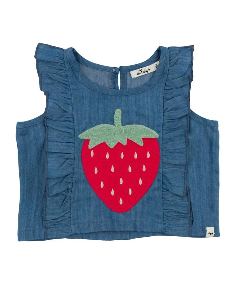 Girls' Lola Strawberry Applique with Millie Ruffle Lyocell Denim Blouse - Baby, Little Kid