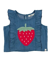 oh baby! Girls' Lola Strawberry Applique with Millie Ruffle Lyocell Denim Blouse - Baby