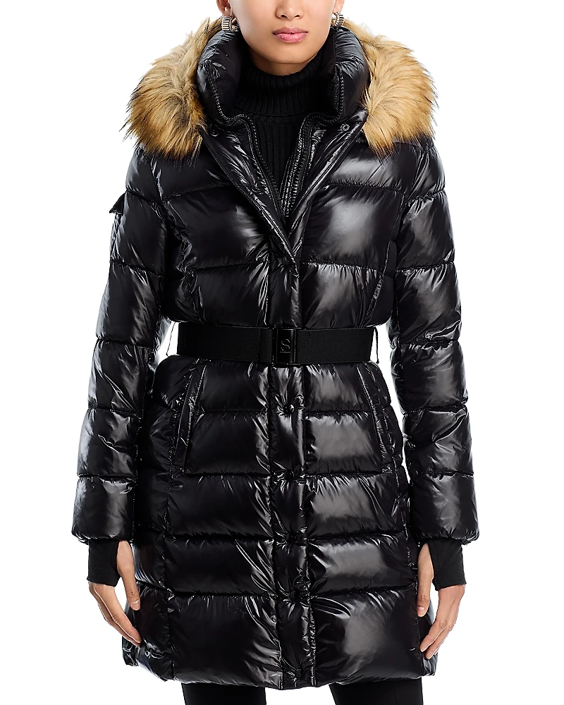 Aqua Long Belted Puffer with Faux Fur Trimmed Hood - Exclusive
